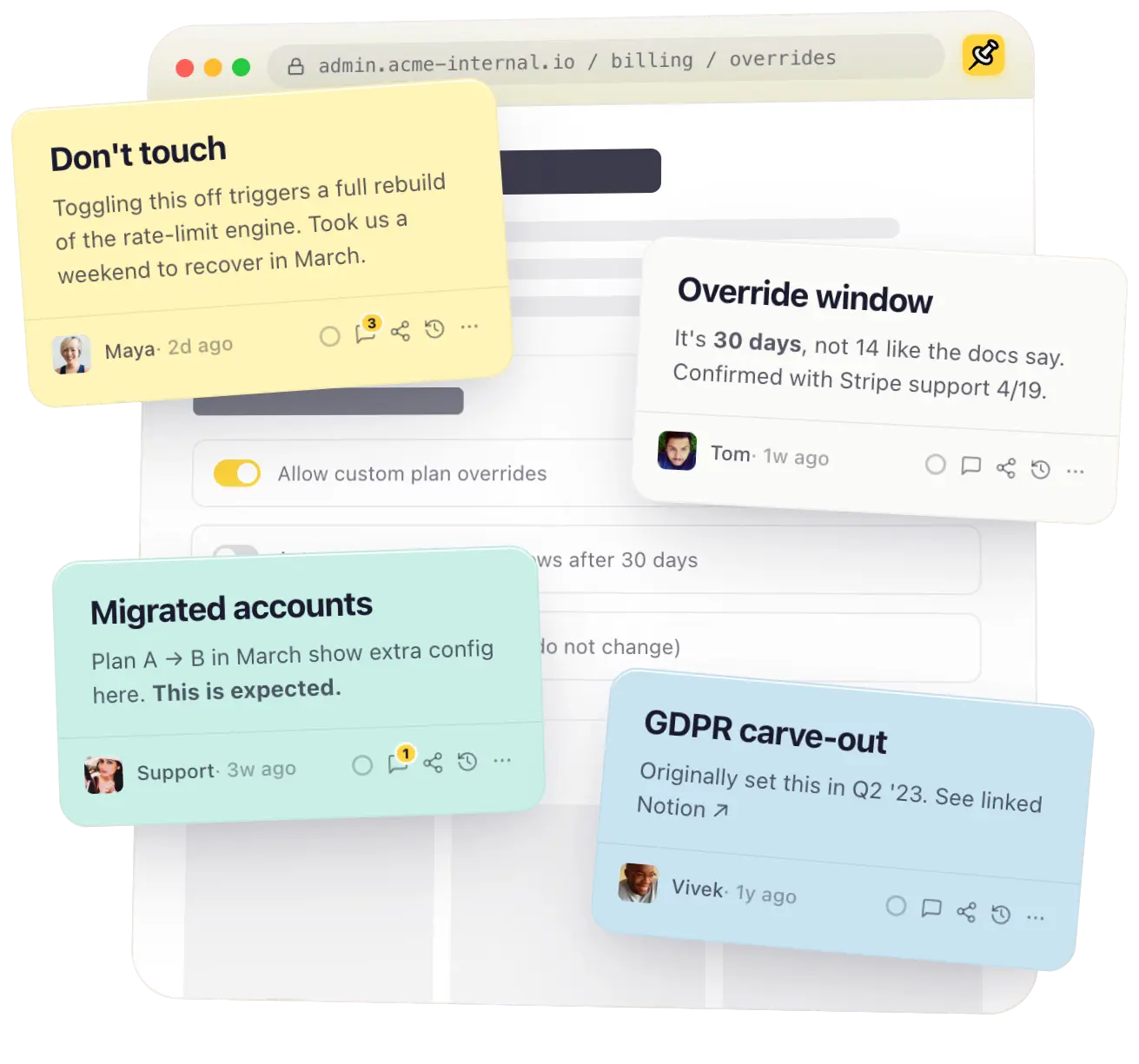 Tackt sticky notes pinned to an internal admin page